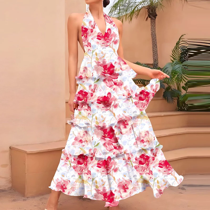 女性のセクシーな背中の開いた中空アウトロングドレスファッションフラワープリントボヘミアンパーティードレスエレガントな V ネックホルターレイヤー休暇ドレス