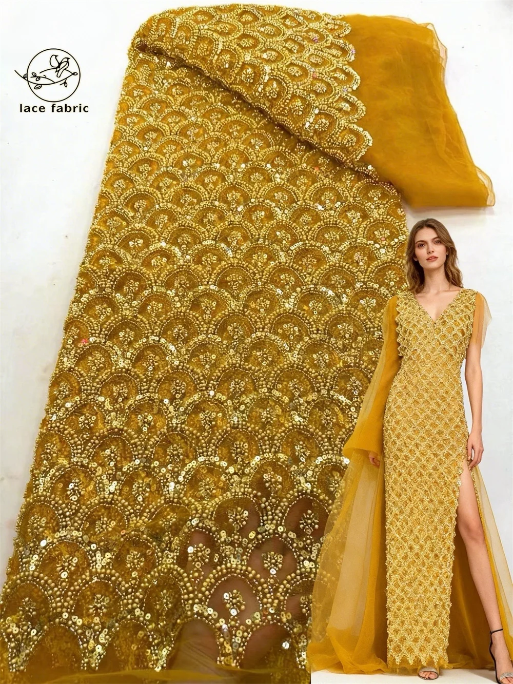 

Gold African Nigerian 2026 High-Quality Sequins Tulle Beaded Lace Fabric for Prom Dresses Bead Embroidery Party Sewing Net Cloth