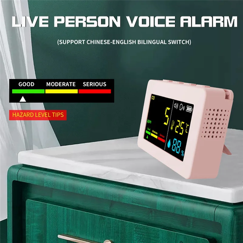 AEF7-Portable compteur de qualité de l'air 3-en-1 CO testeur de température et d'humidité monoxyde de carbone avec alarme vocale