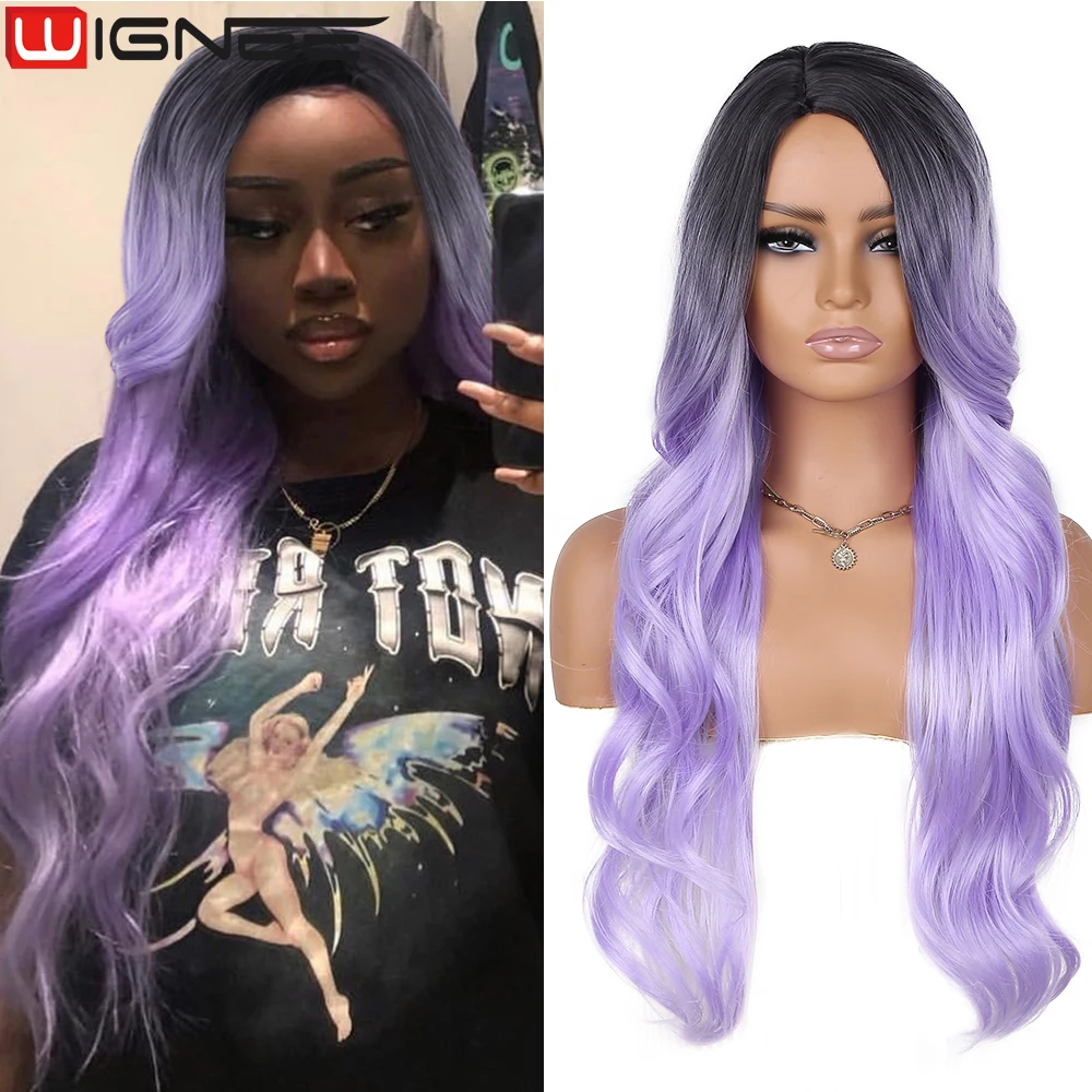 WIGNEE Ombre Purple Wig Body Wave Bluish Light Blue Wig Karol G Long Wavy Wigs For Women Side Part Heat Resistant Synthetic Hair