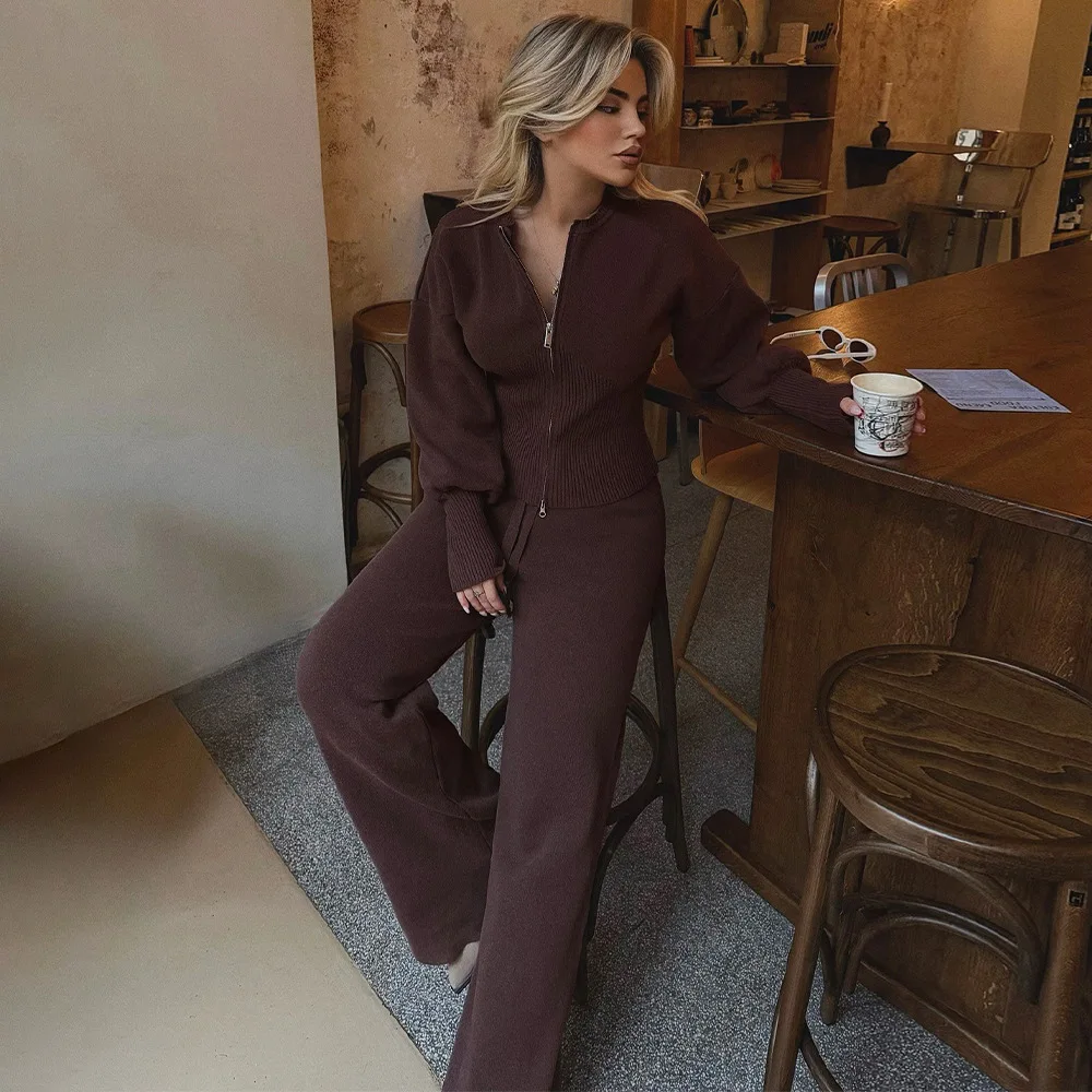 Bornladies 2026 Spring  New Knitted Wo-piece Set Zipper Top High-waisted Elastic Waist Straight Pants Set Mininalist Casual Suit