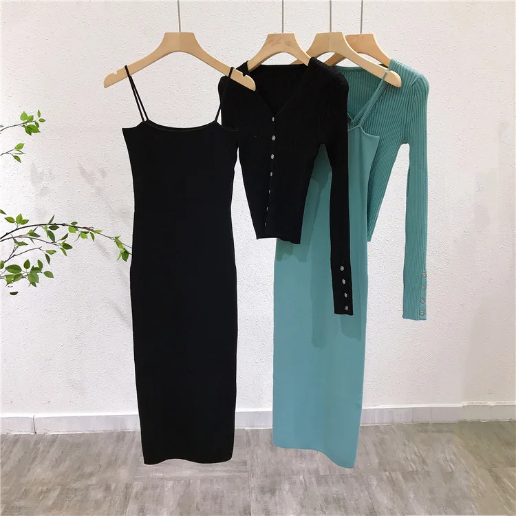 

3570 Slimming Perfect Piece~ Spring New Solid Color Knitted Cardigan + Strap Dress Waist-Cinching Two-Piece Set For Women