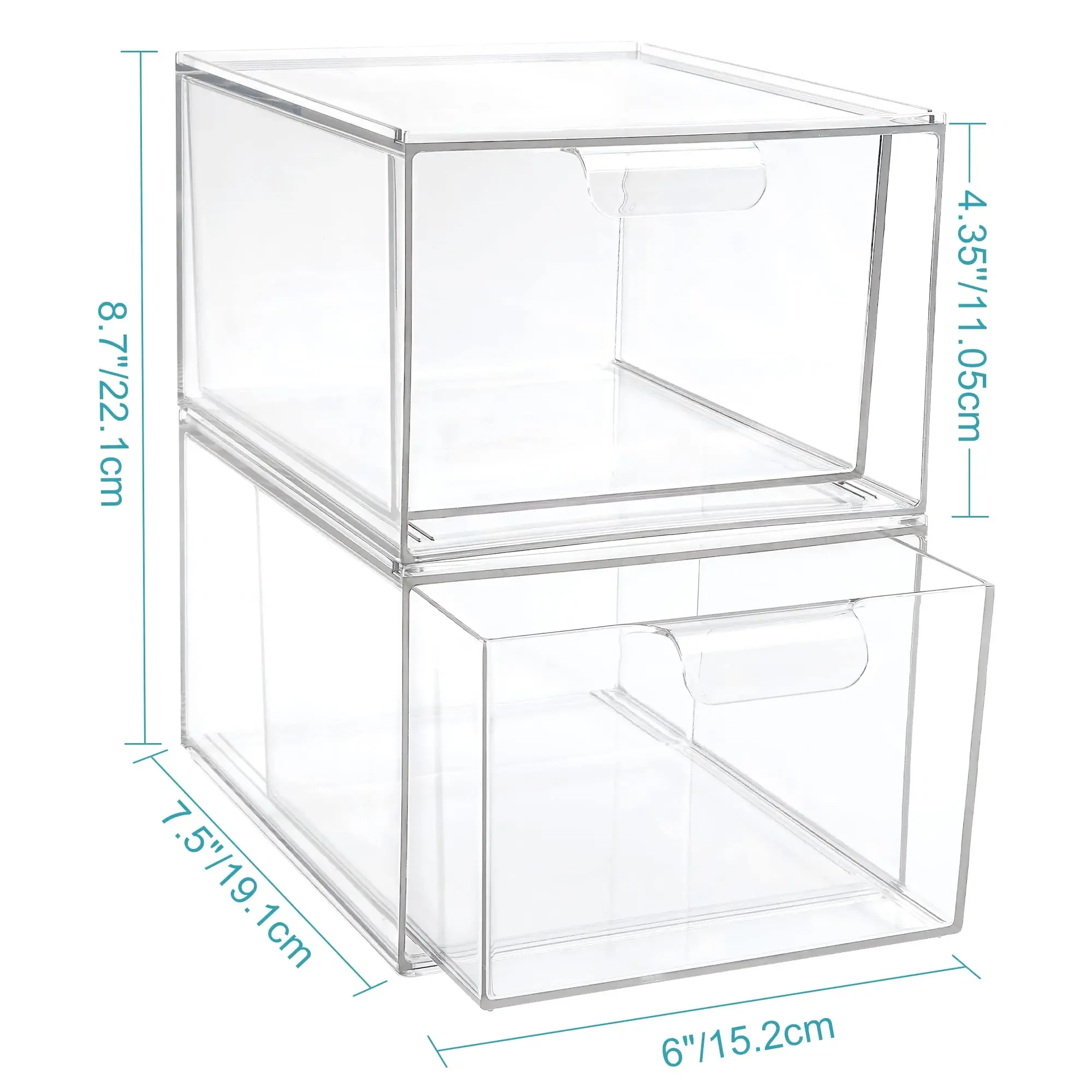 2 Piece Set Clear Organizer, Stackable Storage Box with Drawers for Organizing Cabinets, Desks, Shelves, Cupboards or Dressers