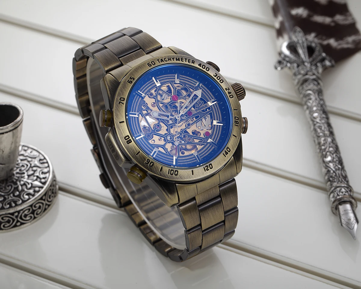 Relojes SHENHUA para hombre, reloj de pulsera mecánico automático con esqueleto de bronce Vintage, correa de acero, reloj impermeable de lujo para hombre
