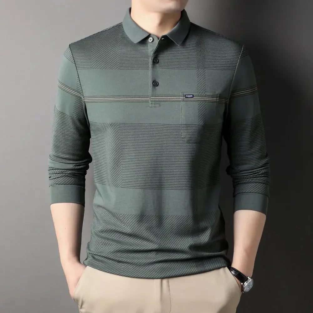 Long-Sleeved Polo-shirt Men'S New Casual Striped Bottom T-Shirt For Spring Slim Fit With Cotton Lapels Underneath R5016