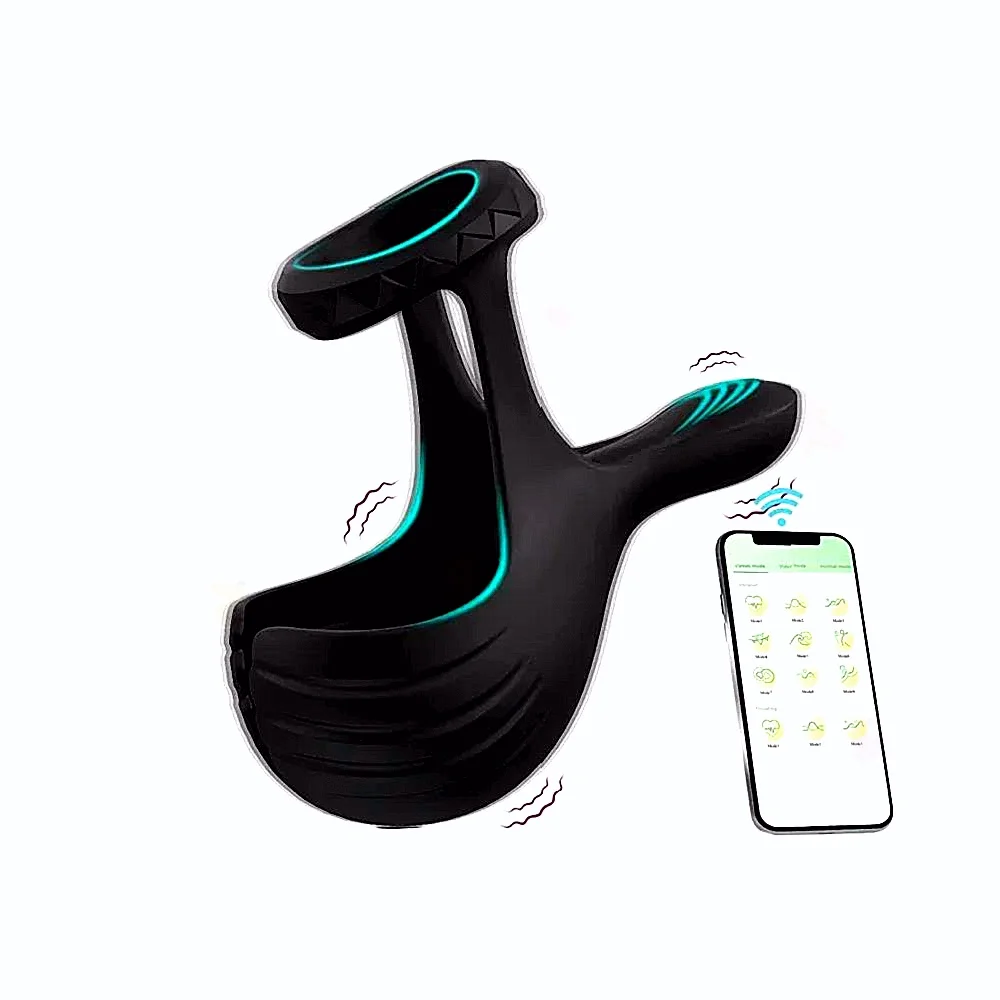 El anillo vibratorio de silicona para pene fortalece las erecciones con diez modos de vibración para la estimulación del perineo y los testículos en hombres