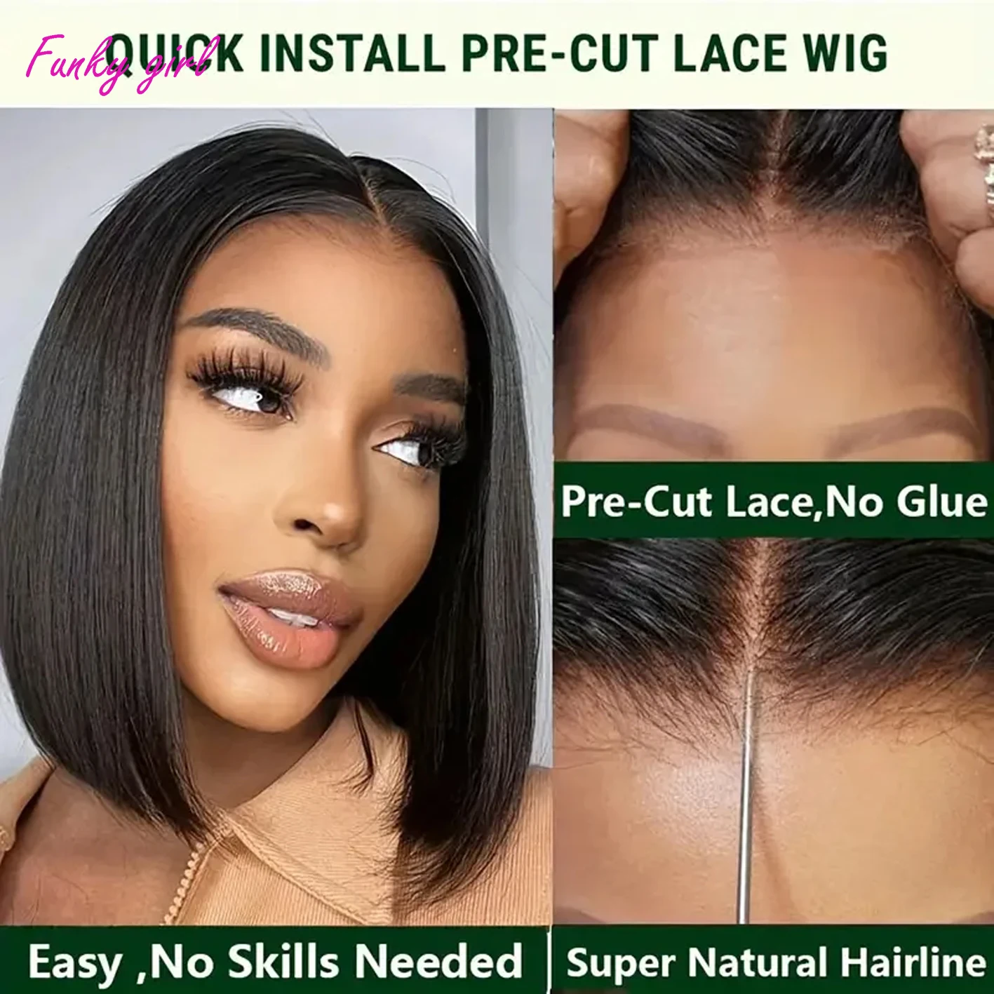 Perruque Bob Lace Closure Wig Naturelle Sans Colle, Cheveux Lisses, 4x4, Prêt à vitation, Transprent, Bon Marché, pour Femme