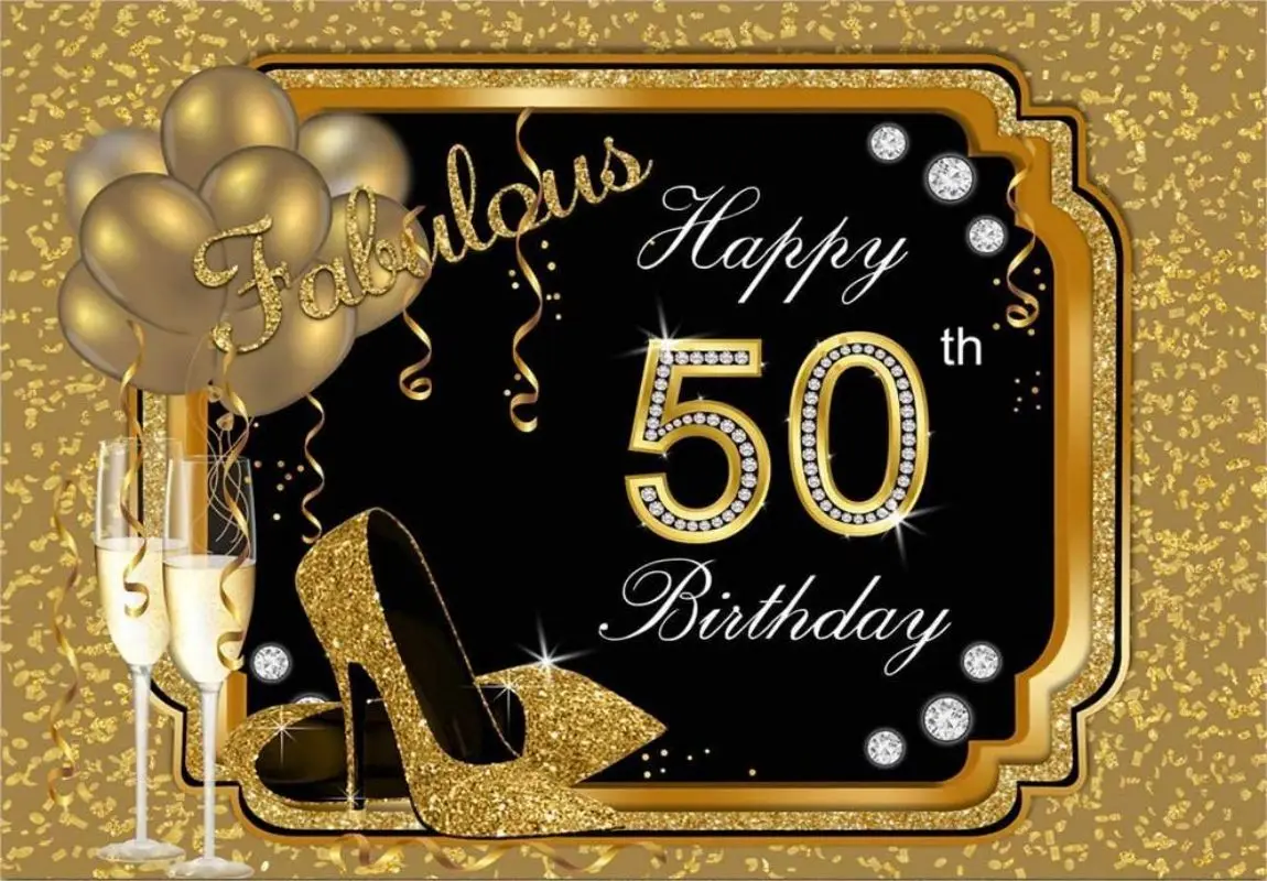 Happy 50th Birthday Backdrop for Women Black Gold Birthday Photography Background Glitter Balloons High Heels Banner Decoration