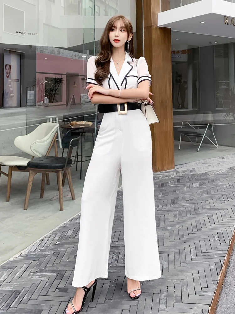 Ele عالية الخصر واسعة الساق بذلة المرأة الصيف Faion بدلة التخسيس طوق قطعة واحدة السراويل عادية عالية الخصر السراويل الطويلة