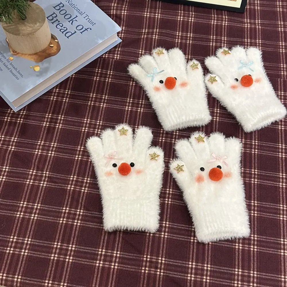 Cute Sweet Snowman Plush Gloves Touchscreen Warm Five-finger Mittens Knitted Cold-proof Cycling Gloves Autumn