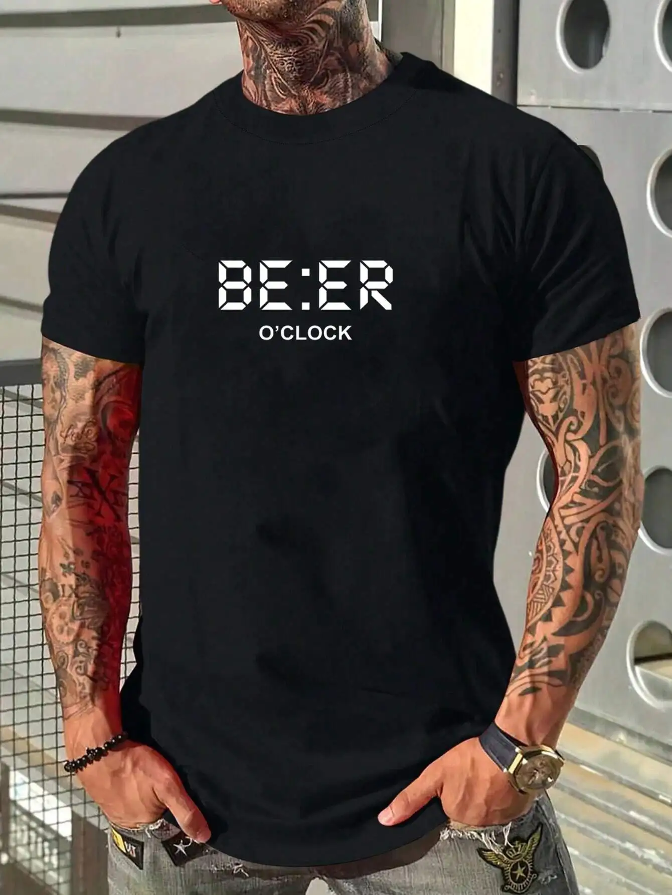 

Men's Black Short Sleeve Graphic Tee with Digital Clock Style Print