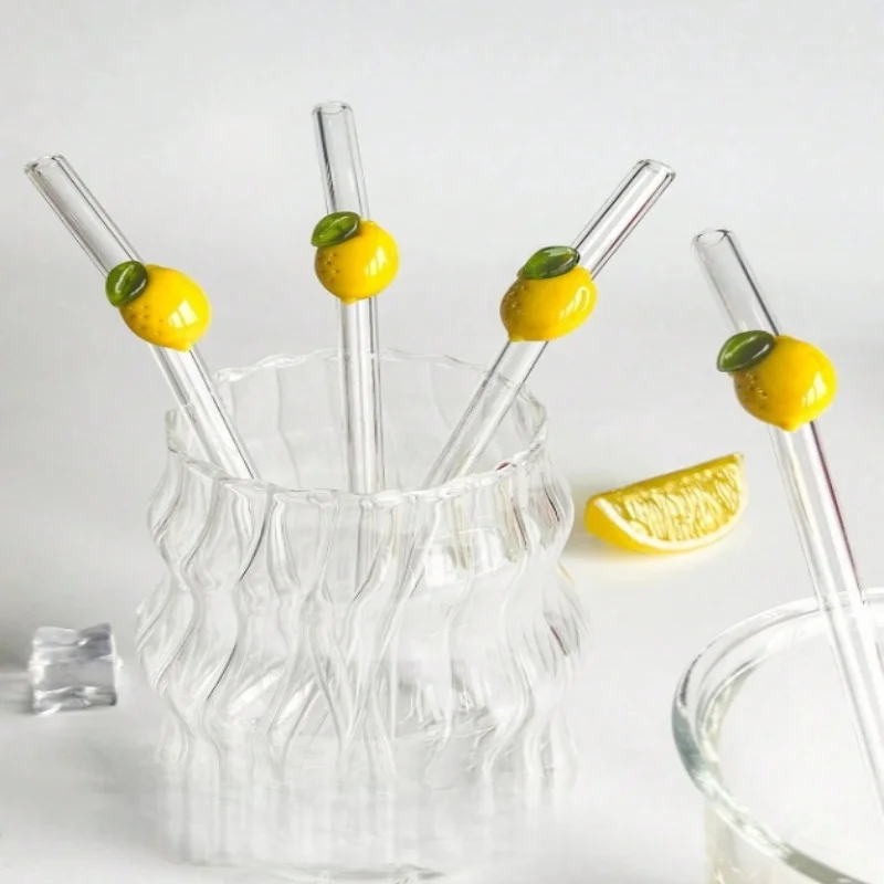 8PCS Lemon Print Glass Straw, Reusable & Vibrant | for Iced Tea, Lemonade, Cocktails | Cute Gift for Kitchen, Party, Travel