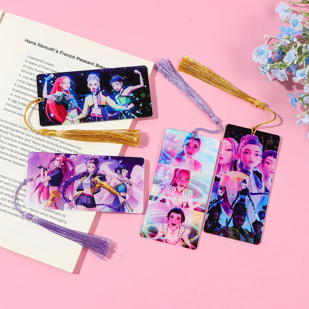 

Kpop "Marauder Girl Group" themed acrylic fringed bookmarks as gifts for literature lovers and book lovers.