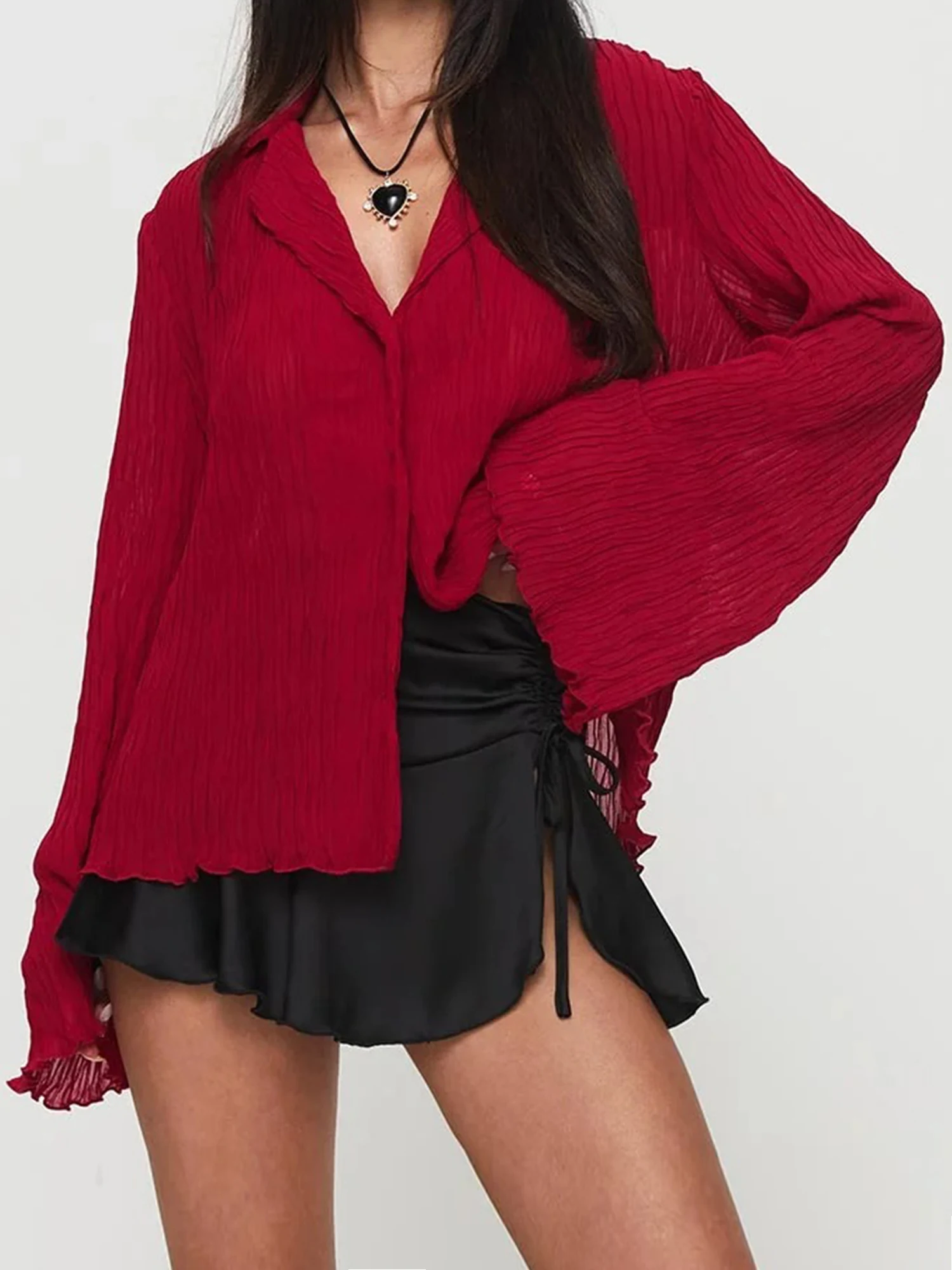 

Elegant Pleated Blouse with Flare Sleeves and V Neckline Button-up Front Loose Fit Solid Color Casual Streetwear for Fall