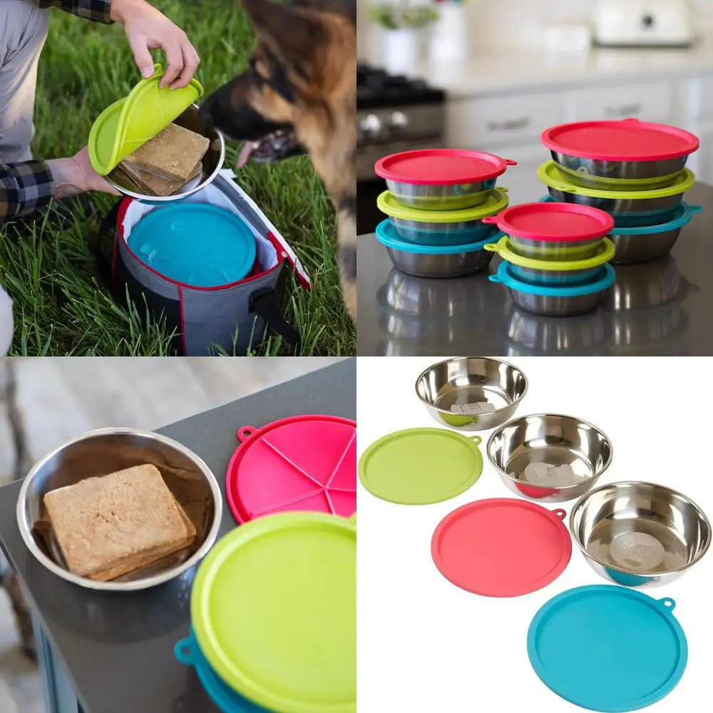 

Portable 6-Piece Stainless Steel Bowls with Colorful Silicone Lids for Pet Food and Water on the Go