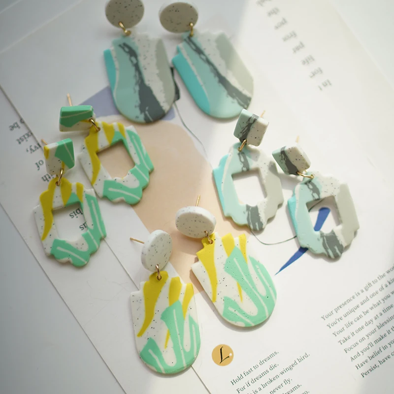 

Handmade Marble Multi Shapes Dangle Stone Floral Pattern Colors Light Weight Polymer Clay Earrings Studs Sets Stud For Daily