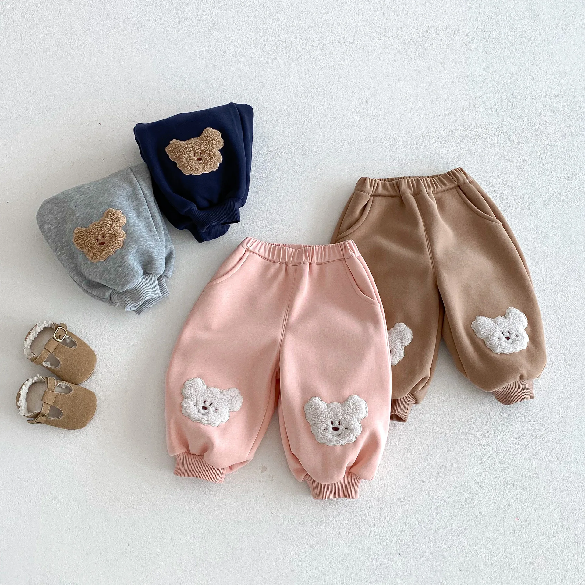 

Winter Korean Children Clothes 2025 Warm Pants Bear Patch Thickened Casual Sweatpants for 0-5Y Boys Girls