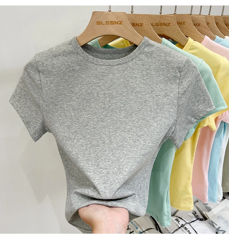Zjaiss 2026 Sommer Neues Design Slim Fit Basic Top Trendiges Damen Baumwoll-Kurzarm-T-Shirt Einfarbig Vielseitiges O-Neck Tee – Detail 39