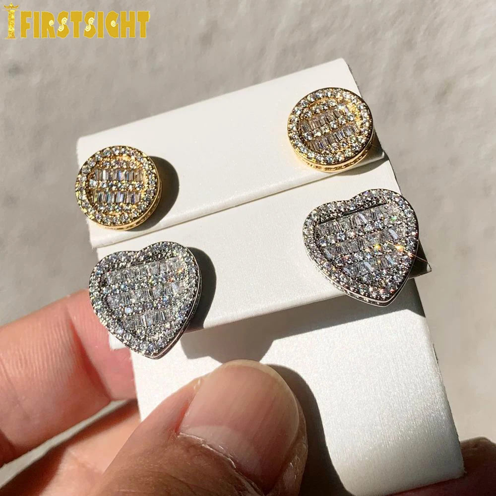 New Iced Out Bling Micro Pave CZ 5A Cubic Zircoina Round Heart Shaped Screw Back Earring For Women Men Hip Hop Jewelry