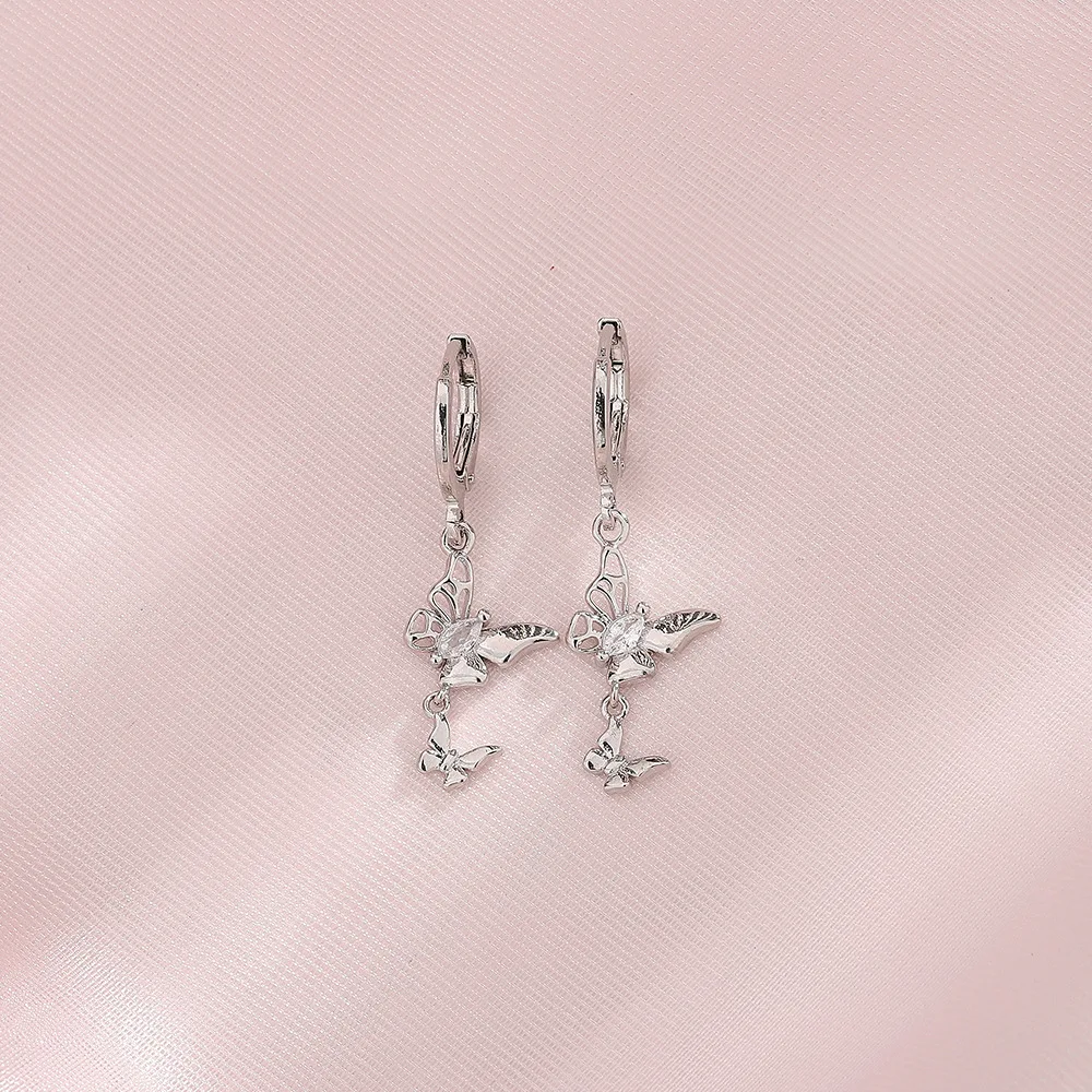 Silver Color Butterfly Dangle Earrings for Women Cute Animal Inlay Zircon Hanging French Hollow Ear Buckle Party Fashion Jewelry