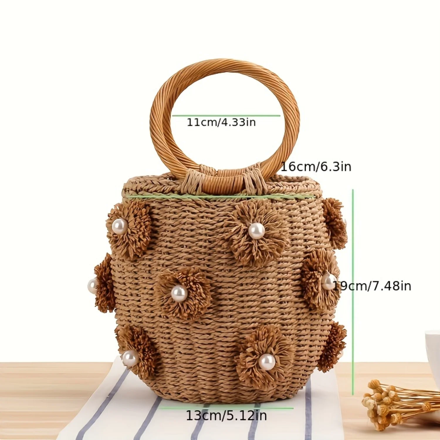 Hand Held Straw Woven Bucket Bag, Flower Faux Pearl Decor Purse,  Style Beach Handbag For Women Goodie bags Cart Travel bags