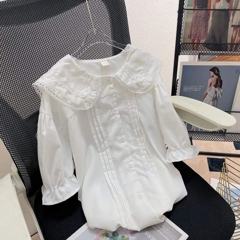 Women Shirt Vintage Lace Peter Pan Collar Splicing Japanese Style Loose Fit Solid All-match Chic Summer Design Niche Tops Sweet