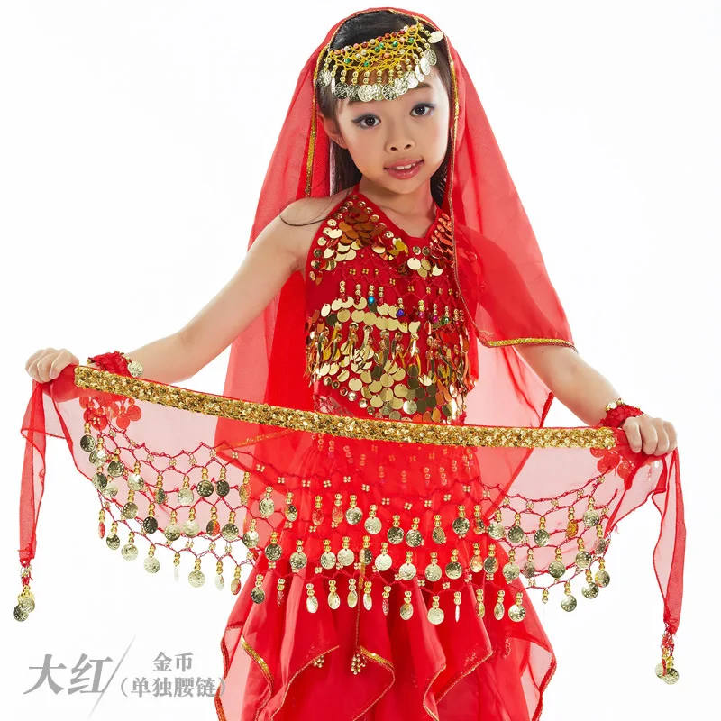 Customized Children's Chiffon Belly Dance Belt Waist Chain with 3 Rows of Bright Slices and Chain Edges Indian Hip Towel Belt