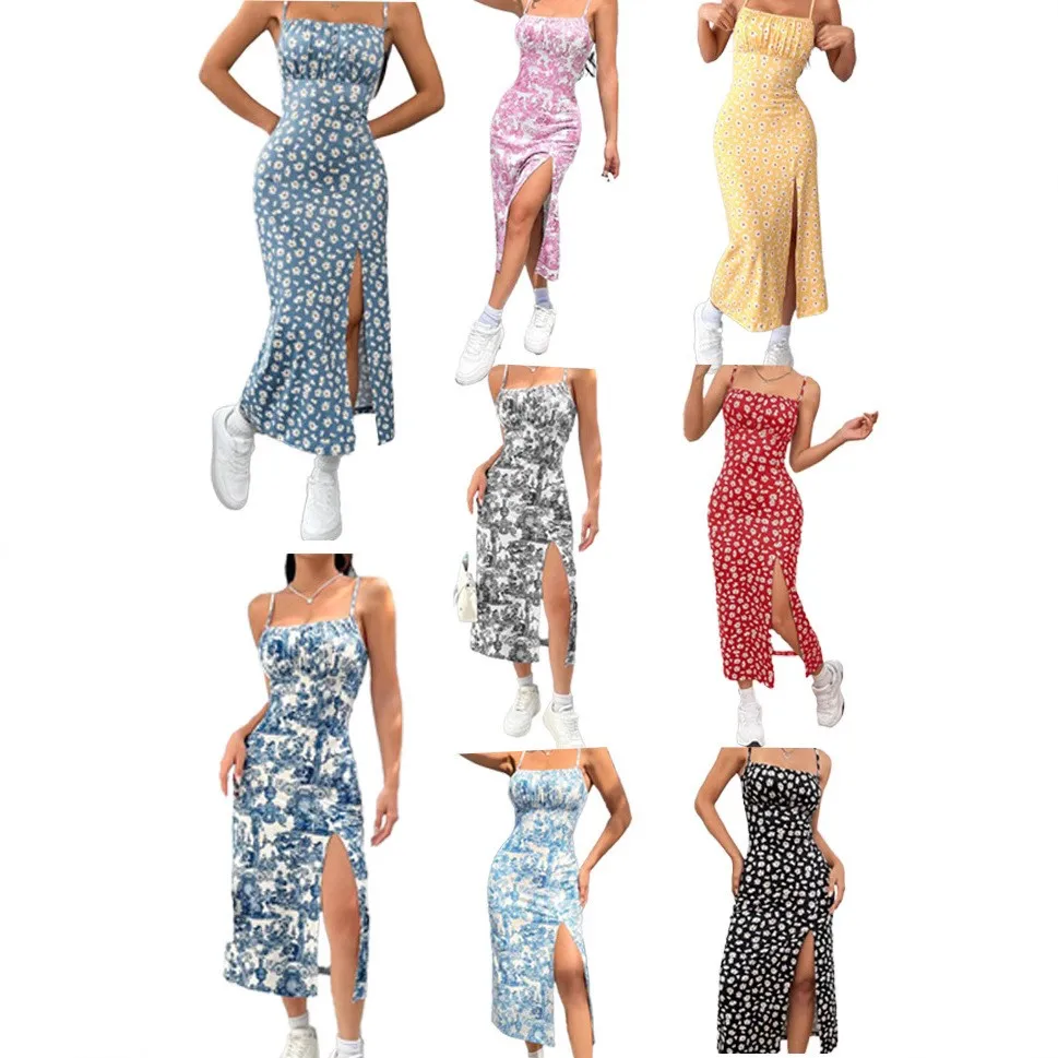 Ärmelloses, schulterfreies Midi-Kleid mit Spaghettiträgern und Blumenmuster für Damen, mit hohem Schlitz, dehnbar, zum Überziehen, sexy Kleidung für Frauen