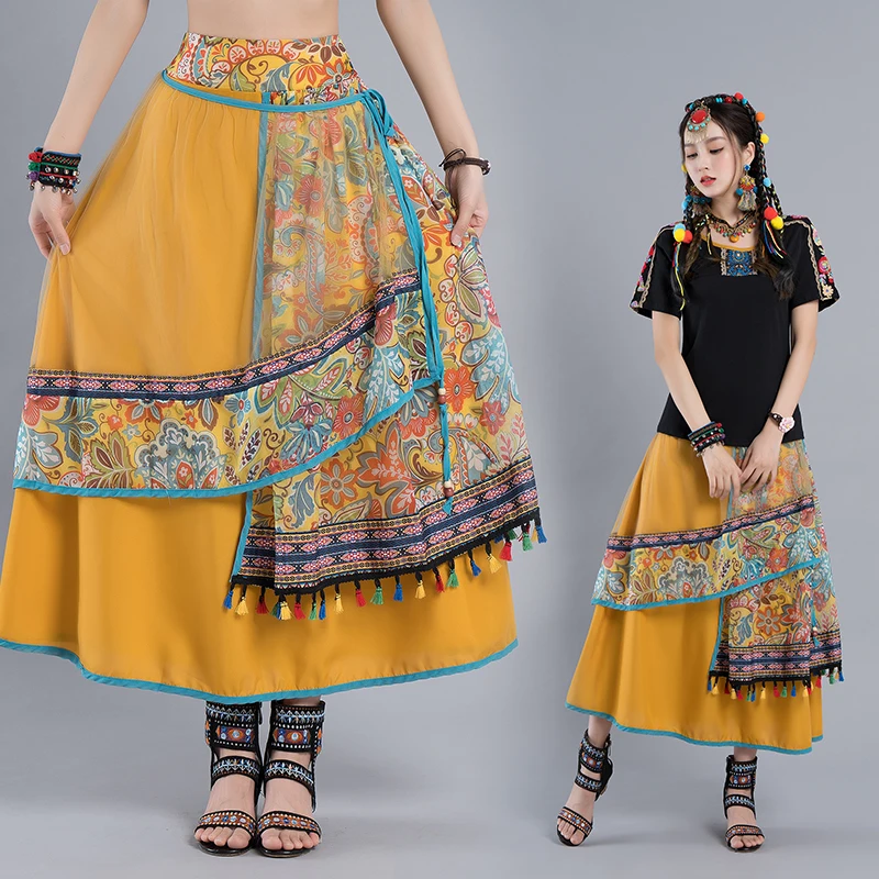 

High-End plus Size Women's Summer New Ethnic Print Mesh Skirt Asymmetrical Half-length Skirt Comfortable Breathable Commute