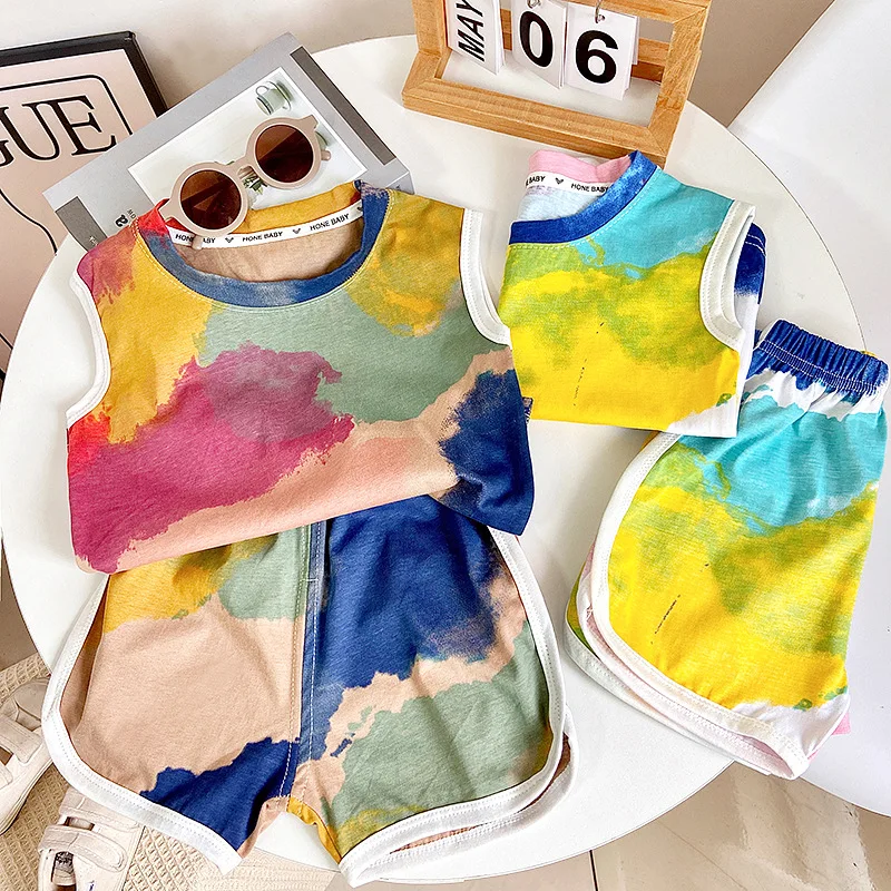 Boys Clothes Sets Summer Sleeveless Vest+shorts Sports Suits for Kids Tie-dye Children Tracksuits Toddler Outfits Baby Clothing