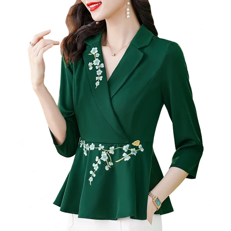 

M-4XL Elegant Fashion Embroidery Blouse 3/4 Sleeve Ruffles Tops Spring Summer V neck Women Shirt XQ726