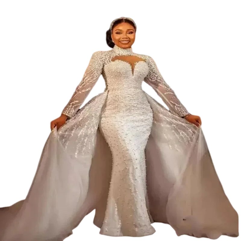 Customized  High Neck Hollow Chest  Wedding Dresses With Detachable Train Appliques Pearls Long Sleeves African Bridal Gowns