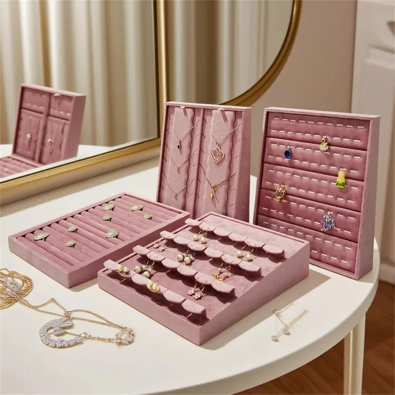 Vertical Tray Display Stand Pink Velvet Jewelry Storage Organizer Jewelry Holder for Showcase Vanity Table Dresser