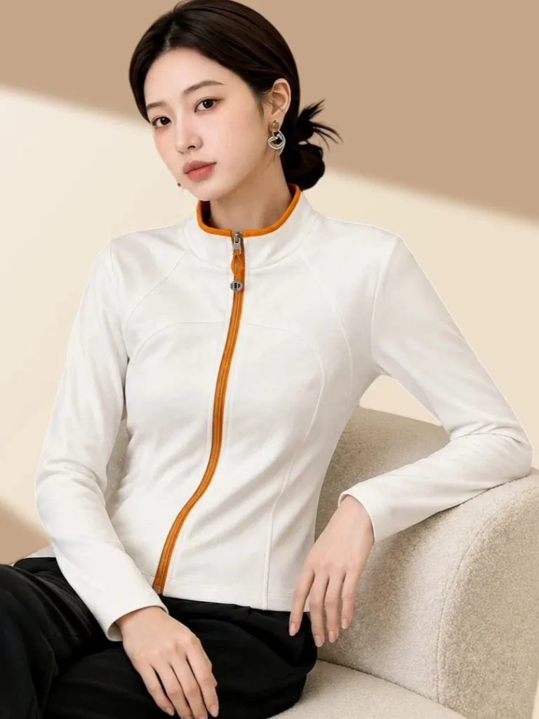 Slimming Effect White Stand Collar Long Sleeve Open Cardigan Sweatshirt Women's Outerwear Color Block Zipper Design Casual Top