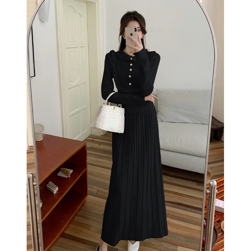 Coigarsam Women Two Piece Sets Spring 2024 New Knitted Black Apricot Top Shirt Skirt Suit