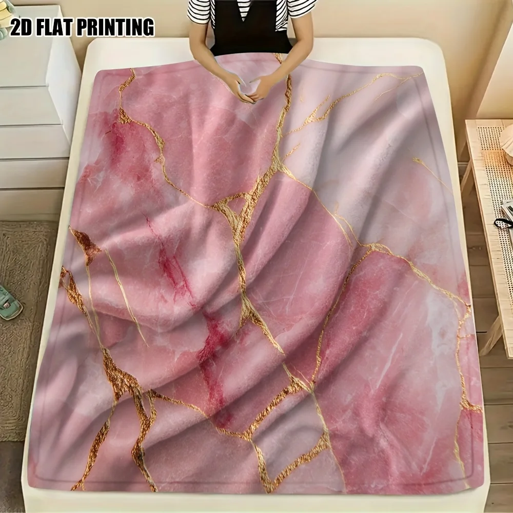 Soft Pink Gold Vein Marble Texture Throw Blanket Abstract Fluid Stone Print Minimalist Indoor Couch Bedroom Decor Cover