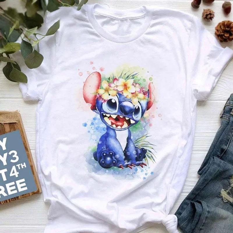 เสื้อยืดผู้หญิง Lilo Stitch Kawaii น่ารักฤดูร้อนอะนิเมะเสื้อยืดเสื้อผ้าผู้หญิงการ์ตูนสติชหัวใจพิมพ์ลายกราฟิก