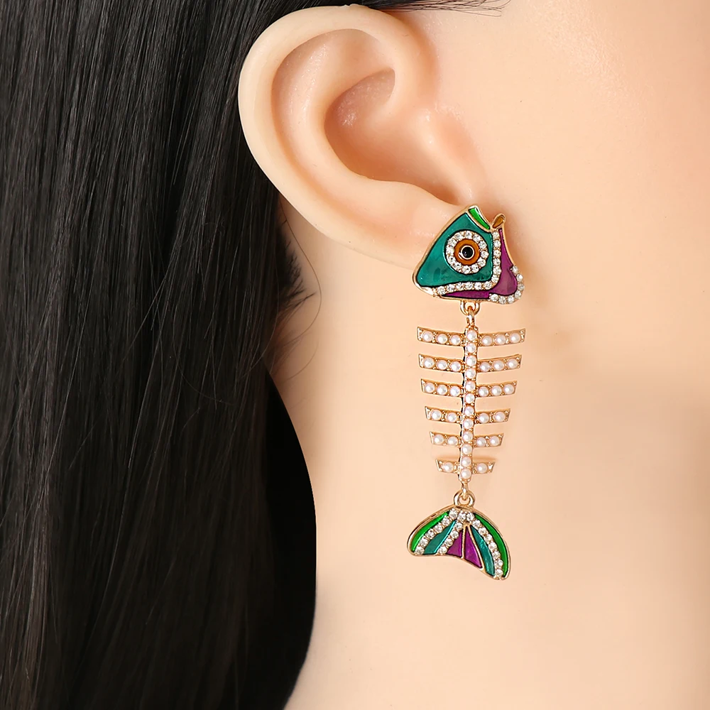 Colorful Crystal Fish-shape Statement Earrings for Women Fashion Metal Long Geometric Dangle Earrings High Quality Jewelry Gifts