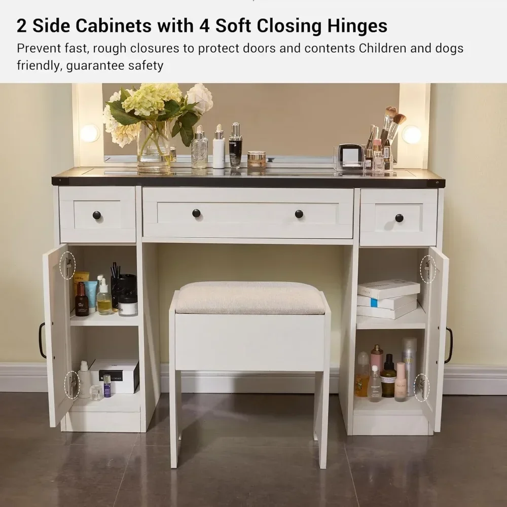 Farmhouse Vanity Desk with Makeup Mirror - Ample Storage Space with 3 Drawers & 2 Cabinets