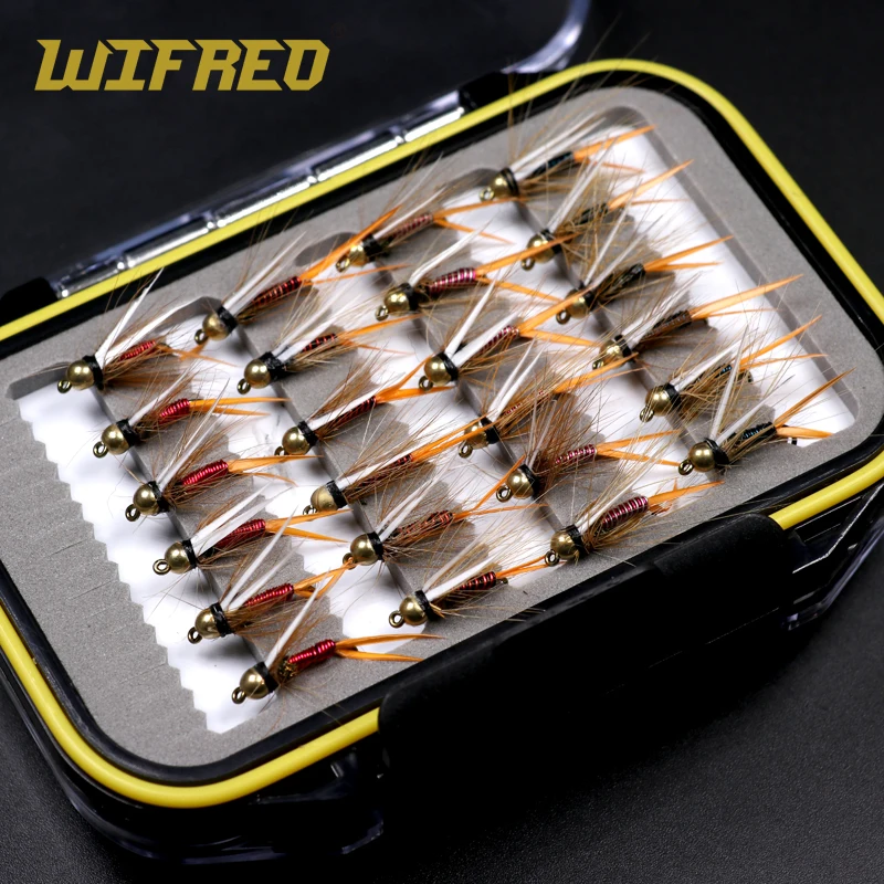 Wifreo 48PCS 10# Fishing Fly Combo Brass Golden Beadhead Trout Grayling Fishing Flies Wet Fly Bead Head Prince Nymph