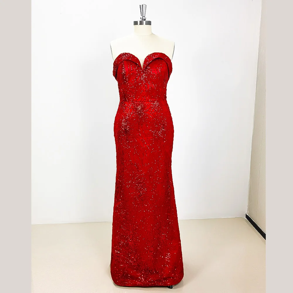 Luxury Strapless Sequined Detachable Train Evening Dress for Elegant Women Formal Red Straight Sleeveless Prom Gown Tailor Dress