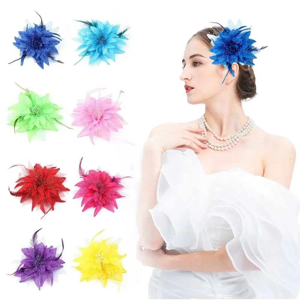 Fashion Brooch Feathers Hair Clip Feather Beads Bridal Hairpin Headdress Flower Corsage Hairband for Latin Dance Performance