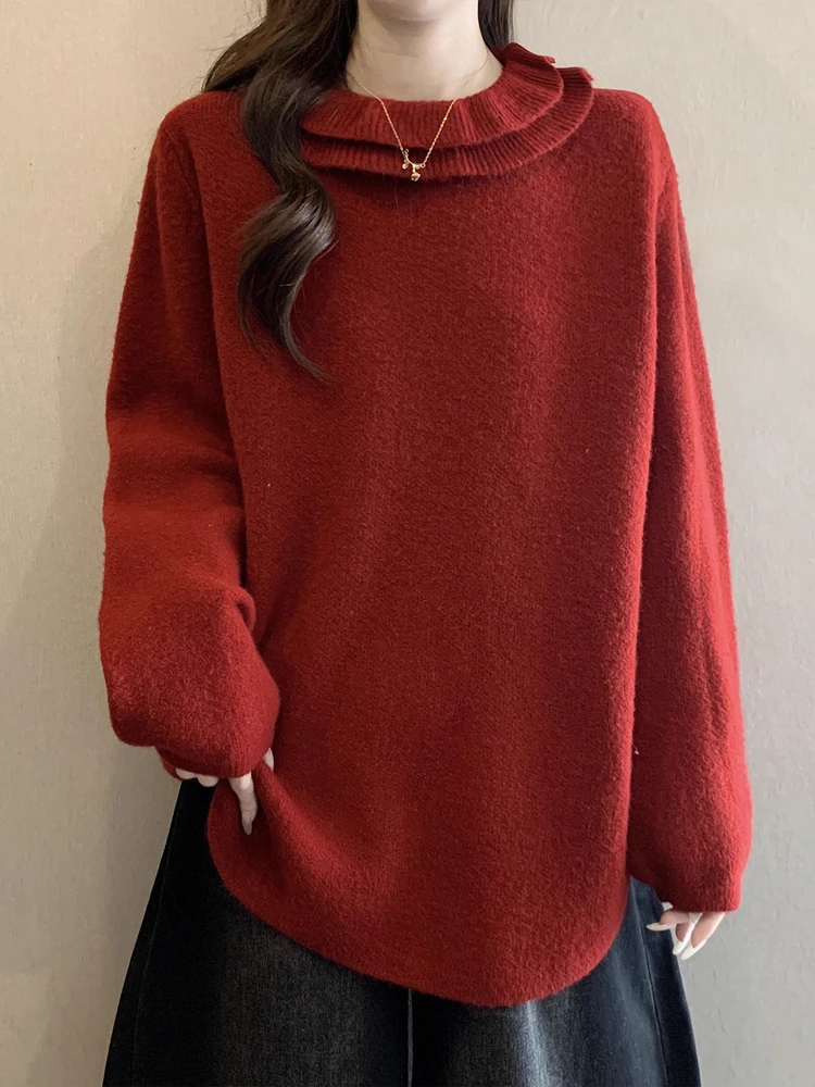 

Красный вязаный свитер большого размера Lazy Sle, женская зимняя одежда, свободный свободный дизайн большого размера для похудения, Long Sve Base irt