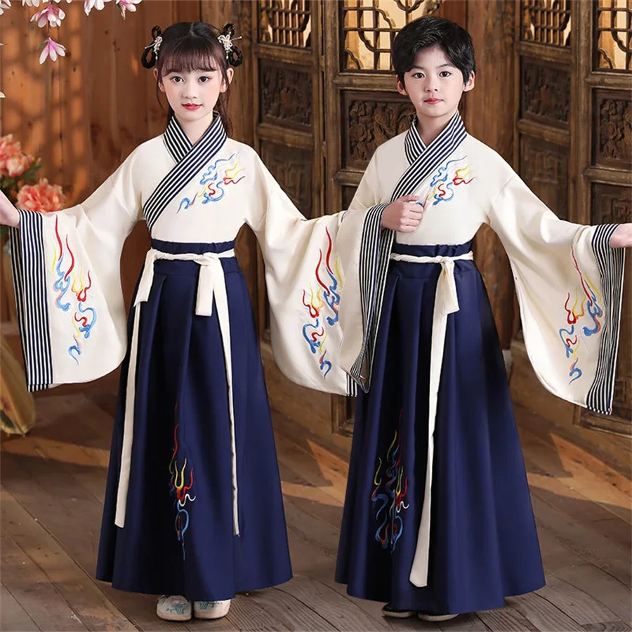 Fato chinês de seda infantil, conjunto hanfu, quimono para meninos, tradicional chinês, étnico vintage, dança do guerreiro, conjunto hanfu