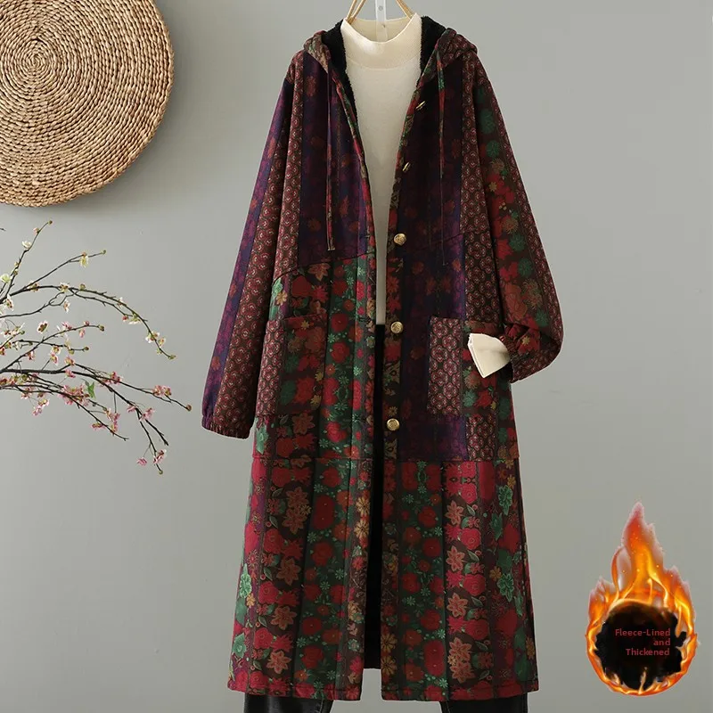 Retro Cotton Linen Fleece Lined Thickened Hooded Jacket Women's plus Size Loose Midi Coat Single Button Commute Style