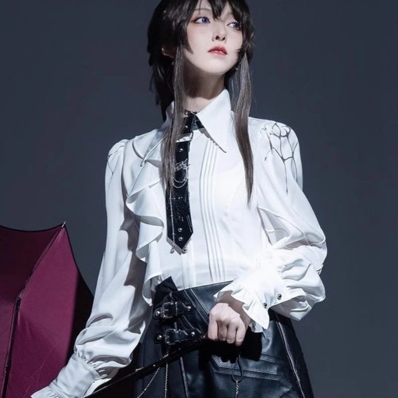 日本不規則なスプリットブラウスシングルブレストグランジボディコンシャツ女性原宿ヴィンテージフリル襟 Blusas Y2k 美的