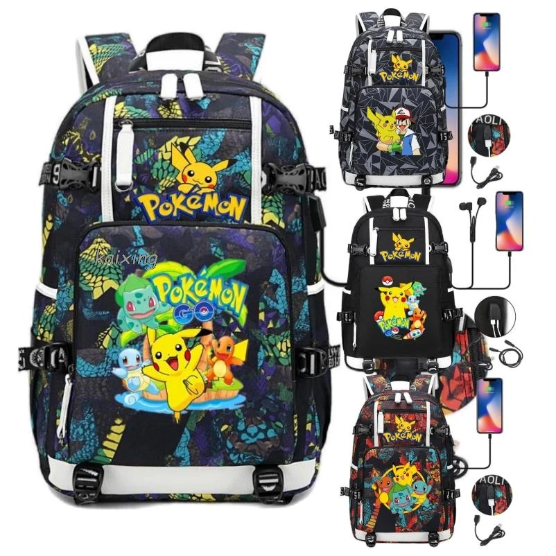 Hot Miniso Set Pikachu Pokémon Mannen Vrouwen Usb Opladen Laptop Reizen Rugzakken Jongens Meisjes Tiener School Tassen Mochila