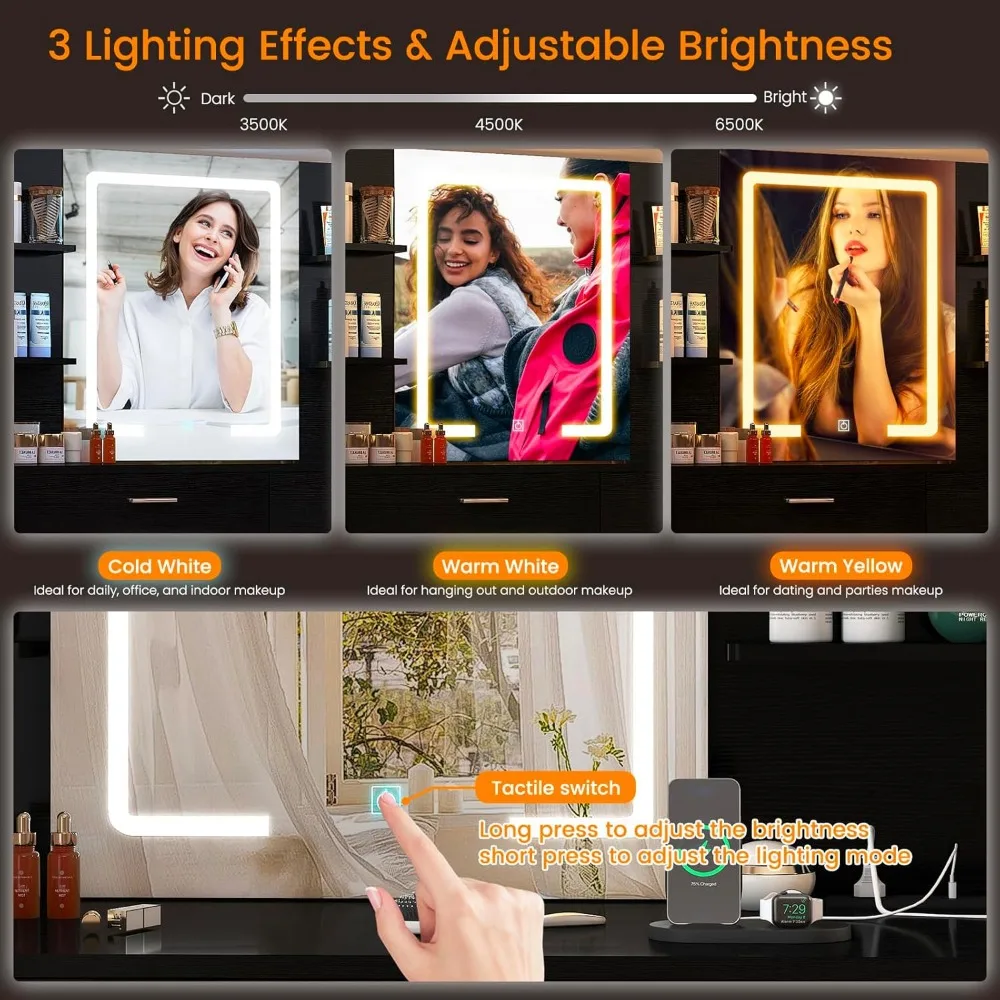 Dressing Table with LED Light Mirror and Power Socket, 8 Drawers, 6 Storage Shelves, 3 Color Modes, Adjustable Brightness