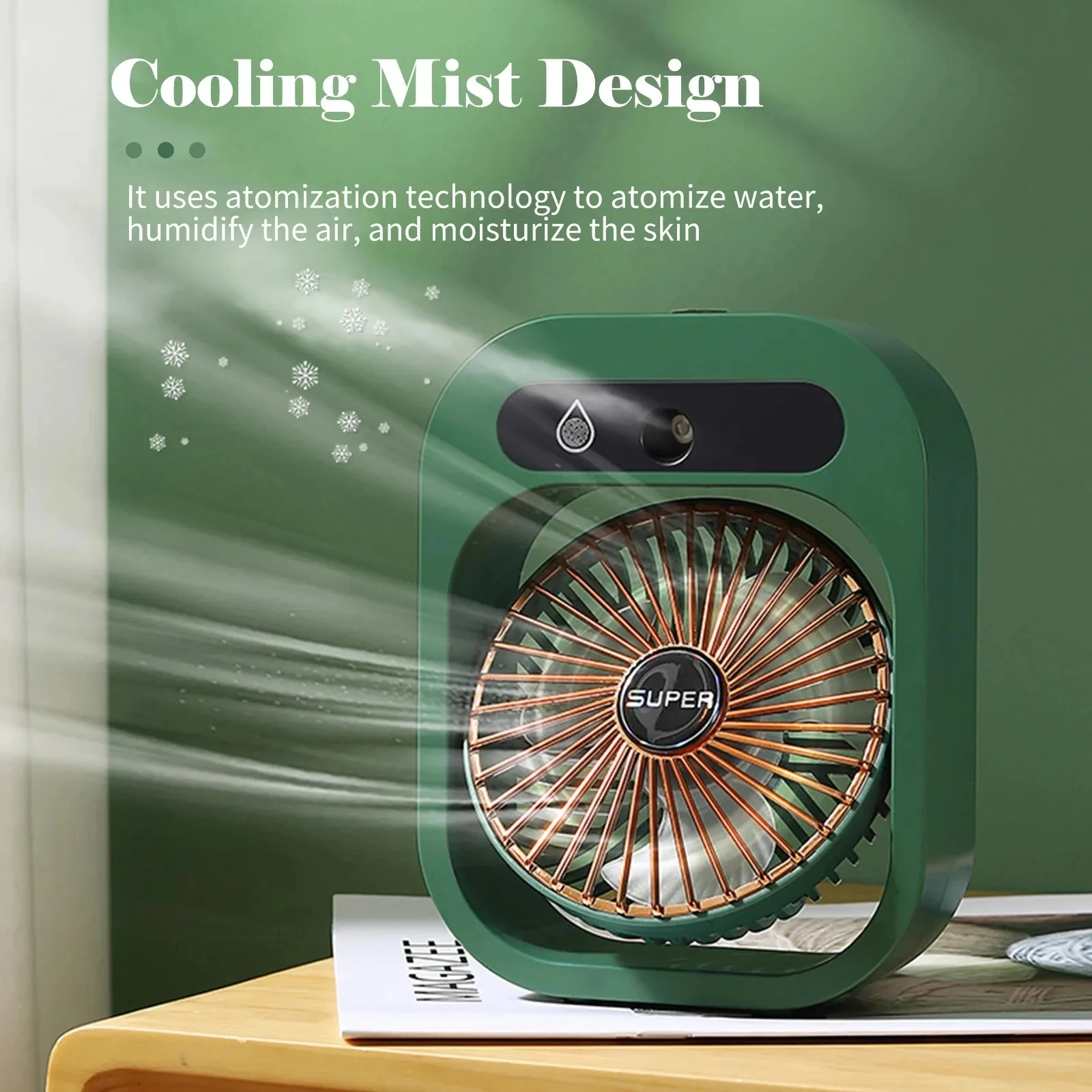 USB Recarregável Ar Condicionado Misting Fan, Umidificador de Mesa, Ventilador portátil, 3 Velocidades de vento para Casa, Arrefecimento, 2000mA