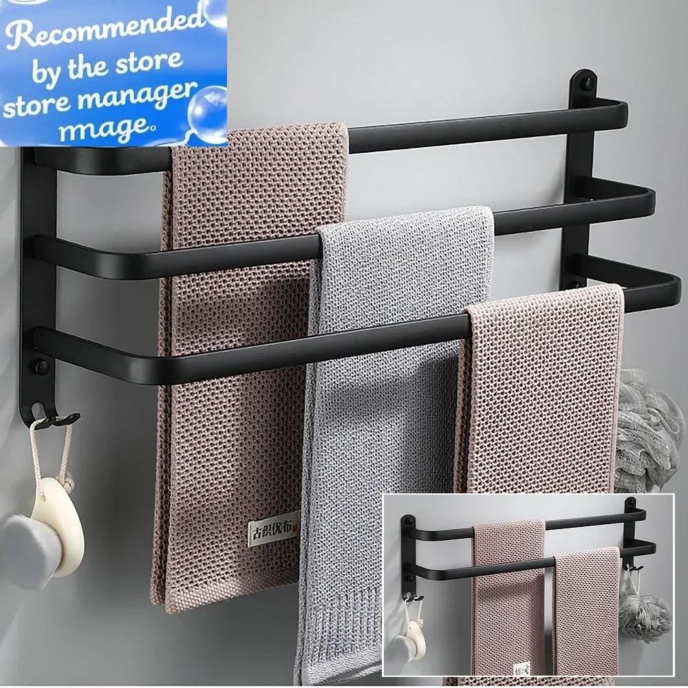 

Towel Bar 30-60 CM Multi Rod Holder Bathroom Accessories Wall Rail Organizer Hook Hanger Aluminum Storage Rack Matte Black Shelf